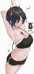 Rule 34 | 2girls, absurdres, arm up, armpits, arms behind head, azur lane, bare shoulders, black camisole, black hair, blush, breasts, camisole, cleavage, closed eyes, crescent moon, crop top, english text, facing viewer, friedrich der grosse (azur lane), from side, hair over one eye, highres, hip focus, horns, jesh art, long hair, looking at another, medium breasts, medium hair, midriff, moon, multicolored hair, multiple girls, navel, orange eyes, outstretched arm, sleepwear, sleepy, solo focus, spaghetti strap, stomach, strap slip, stretching, thighs, two-tone hair, ulrich von hutten (azur lane), waking up, white hair, yellow eyes