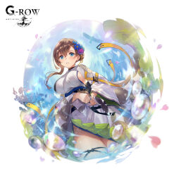 1girl :o aqua_eyes bird black_ribbon blue_eyes brown_hair cowboy_shot crossed_bangs hair_between_eyes hair_bun highres japanese_clothes kimono long_hair obi official_alternate_costume official_art phantom_of_the_kill ribbon sash single_hair_bun solo solomon_(phantom_of_the_kill) to_maru white_kimono