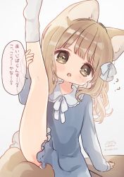Rule 34 | 1girl, :o, ?, ??, ame usako, animal ear fluff, animal ears, arm support, blue bow, blue dress, blush, bow, brown eyes, brown hair, collared dress, commentary request, dress, fang, frilled dress, frills, grey background, hair bow, head tilt, leg up, long hair, long sleeves, looking at viewer, no shoes, original, parted lips, signature, simple background, sleeves past wrists, socks, soles, solo, translation request, twitter username, white bow, white socks