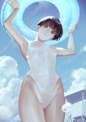 Rule 34 | 1girl, black hair, blunt bangs, breasts, closed mouth, commentary, competition swimsuit, day, highres, holding, holding swim ring, innertube, kaoming, looking at viewer, looking down, medium breasts, one-piece swimsuit, original, outdoors, purple eyes, shakujii tsubasa, short hair, sky, smile, solo, standing, swim ring, swimsuit, wet, white one-piece swimsuit