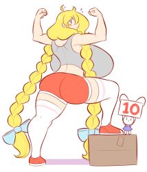 Rule 34 | 1girl, ass, back, backboob, blonde hair, bow, braid, breasts, cassie (theycallhimcake), curvy, from behind, gigantic breasts, gym shorts, highres, muscular, original, shoes, shorts, simple background, solo focus, theycallhimcake, thighhighs, twin braids