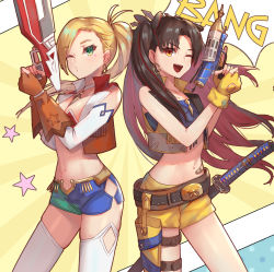 Rule 34 | 2girls, bandaid, belt, calamity jane (fate), dolce (dolsuke), earrings, facial mark, fate/grand order, fate (series), finger gun, fingerless gloves, gloves, gun, highres, holster, hoop earrings, ishtar (fate), jewelry, katana, midriff, multiple girls, navel, one eye closed, shorts, side ponytail, space ishtar (fate), space ishtar (second ascension) (fate), star (symbol), star facial mark, sword, thighhighs, twintails, weapon