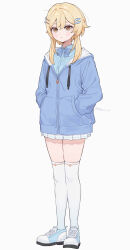 Rule 34 | 1girl, alternate costume, blonde hair, blue bow, blue bowtie, blue jacket, blue shirt, bow, bowtie, closed mouth, collared shirt, cross-laced footwear, full body, genshin impact, hair between eyes, hair ornament, hairclip, hand in pocket, highres, hood, hooded jacket, jacket, long sleeves, lumine (genshin impact), q (oshikuraq), school uniform, shirt, shoes, short hair with long locks, simple background, skirt, solo, standing, thighhighs, twitter username, white background, white footwear, white skirt, white thighhighs, yellow eyes, zettai ryouiki