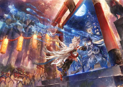Rule 34 | 2boys, alternate costume, animal ears, architecture, black hair, boots, east asian architecture, elsword, elsword (character), forest, fox ears, hitodama, korean text, lantern, long hair, moon, multiple boys, multiple persona, nature, night, night sky, portal (object), red eyes, scorpion5050, sky, sotoba, spirit, stairs, statue, torii, white hair
