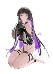 Rule 34 | 1girl, absurdres, ankle cuffs, black cardigan, black choker, black hair, blunt bangs, blush, bocchi the rock!, cardigan, chin piercing, choker, clothing cutout, colored inner hair, dated, goth fashion, green eyes, half-closed eyes, highleg, highleg panties, highres, hime cut, kurikabacha, lip piercing, long hair, multicolored hair, pa-san, panties, piercing, purple hair, seiza, shoulder cutout, signature, simple background, sitting, sketch, sleeves past fingers, sleeves past wrists, solo, thigh strap, two-tone, underwear, white background