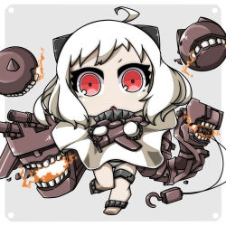 Rule 34 | 10s, 1girl, abyssal ship, ahoge, aircraft, airplane, chibi, dress, highres, holding, horns, kantai collection, long hair, looking at viewer, machinery, northern ocean princess, pale skin, panties, red eyes, shokuyou pants, solo, turret, underwear, white dress, white hair