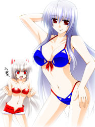 Rule 34 | 2girls, bikini, bikini top only, blue hair, breasts, cleavage, engo (aquawatery), fujiwara no mokou, hair ornament, hair ribbon, highres, kamishirasawa keine, large breasts, long hair, looking at another, looking at viewer, midriff, multiple girls, navel, no headwear, open mouth, panties, red eyes, ribbon, shorts, silver hair, simple background, smile, sparkling eyes, swimsuit, text focus, touhou, underwear, white background