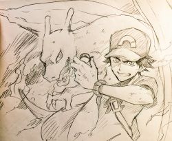 Rule 34 | 1boy, backpack, bag, baseball cap, charizard, clenched teeth, clothes writing, creatures (company), flame-tipped tail, game freak, gen 1 pokemon, graphite (medium), grin, hat, highres, male focus, monochrome, nintendo, poke ball, pokemon, pokemon (creature), pokemon sm, raglan sleeves, red (pokemon), red (pokemon sm), sei jun, shirt, short hair, smile, t-shirt, teeth, traditional media, upper body, watch