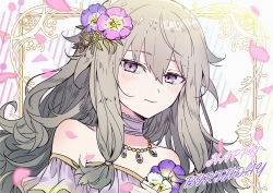 Rule 34 | 1girl, absurdres, armpit crease, bare shoulders, blush, choker, closed mouth, collarbone, dogdogwanwan, dress, falling petals, flower, green hair, hair between eyes, hair flower, hair ornament, happy birthday, highres, jewelry, kusanagi nene, long hair, looking at viewer, low-tied sidelocks, necklace, off-shoulder dress, off shoulder, petals, pink flower, portrait, project sekai, purple dress, purple eyes, purple flower, simple background, smile, solo, white background, white choker