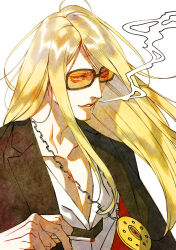 Rule 34 | 1boy, black jacket, blonde hair, blue eyes, cigarette, fate/grand order, fate (series), highres, holding, holding cigarette, jacket, jewelry, kinoko1108, long hair, looking at viewer, male focus, medallion, necklace, open clothes, open jacket, orange-tinted eyewear, shirt, simple background, smile, smoke, smoking, solo, sunglasses, tezcatlipoca (fate), tinted eyewear, upper body, white background, white shirt