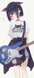 Rule 34 | 1girl, absurdres, animal ears, black choker, black hair, black jacket, blue archive, blush, cat ears, choker, clothes around waist, collarbone, colored inner hair, electric guitar, feet out of frame, grey skirt, guitar, highres, instrument, jacket, jacket around waist, kazusa (blue archive), multicolored hair, nekoplanetouo, official alternate costume, parted lips, pink hair, red eyes, shirt, short hair, short sleeves, simple background, skirt, solo, white background, white shirt