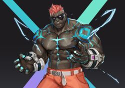 Rule 34 | 1boy, abs, absurdres, bara, biceps, dark skin, dislyte, electricity, glowing tattoo, highres, large pectorals, looking at viewer, male focus, manly, muscular, muscular male, pectorals, pink hair, taylor (dislyte), thick arms, traver009