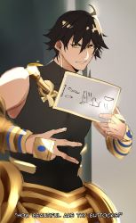 Rule 34 | 1boy, ahoge, bad id, bad twitter id, black hair, commentary, dark-skinned male, dark skin, derivative work, earrings, english text, fate/prototype, fate/prototype: fragments of blue and silver, fate (series), hair between eyes, hieroglyphics, highres, jewelry, looking at viewer, male focus, ozymandias (fate), parody, pvc parfait, sign, smile, solo, v