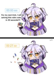 Rule 34 | 1girl, 2koma, :3, ahoge, artist name, blush, chibi, cleavage cutout, closed mouth, clothing cutout, comic, commentary, cropped torso, crushing, english commentary, english text, gradient hair, hair between eyes, hair ornament, hair ribbon, hairclip, hand up, henya the genius, henya the genius (1st costume), highres, holding, holding cube, holding toy, jacket, long bangs, long hair, long sleeves, looking at viewer, multicolored hair, off shoulder, open mouth, partially unzipped, purple hair, purple jacket, purple ribbon, ribbon, rubik&#039;s cube, sidelocks, signature, simple background, smile, sobbi11, stopwatch, toy, two side up, v-shaped eyebrows, virtual youtuber, vshojo, watch, white background