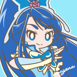 Rule 34 | 1girl, blue eyes, blue hair, brooch, butterfly brooch, butterfly hair ornament, closed mouth, cure aqua, earrings, eyelashes, gloves, hair ornament, high ponytail, highres, jewelry, long hair, magical girl, mayena, minazuki karen, outline, ponytail, precure, signature, smile, solo, white outline, wide ponytail, yes! precure 5