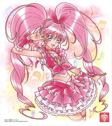 Rule 34 | 1girl, :d, armpits, blue eyes, choker, collarbone, crop top, cropped legs, cure melody, floating hair, hair between eyes, highres, houjou hibiki, layered skirt, long hair, looking at viewer, magical girl, miniskirt, open mouth, pink choker, pink hair, pink skirt, precure, skirt, smile, solo, striped clothes, striped thighhighs, suite precure, thighhighs, twintails, two-tone skirt, v over eye, very long hair, white background, white skirt, zettai ryouiki