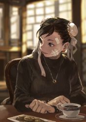 Rule 34 | 1girl, bandages, bandaid, bracelet, bun cover, burari, capcom, casual, chun-li, cookie, cup, double bun, earrings, female focus, food, hair bun, jewelry, necklace, ring, ring necklace, sitting, solo, street fighter, sweater
