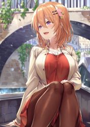 1girl, :d, arm at side, bangs, blush, breasts, bridge, brown legwear, casual, collarbone, day, eyebrows visible through hair, feet out of frame, gochuumon wa usagi desu ka?, gondola, grey jacket, hair between eyes, hair ornament, hairclip, hand on own knee, highres, hoto cocoa, jacket, ks (xephyrks), large breasts, long sleeves, looking away, looking to the side, miniskirt, older, open mouth, orange hair, outdoors, pantyhose, purple eyes, red shirt, red skirt, shirt, short hair, skirt, smile, solo, unbuttoned, unbuttoned shirt