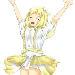 Rule 34 | 10s, 1girl, alternate hairstyle, artist name, artist request, blonde hair, blush, bow, bracelet, braid, breasts, brown eyes, closed eyes, crown braid, dress, feathers, female focus, hair ornament, hair rings, hairband, hand up, hands over head, highres, jewelry, jumping, long hair, long sleeves, looking at viewer, love live!, love live! school idol festival, love live! sunshine!!, medium breasts, next sparkling!!, nodoca prhythm, ohara mari, parted lips, puffy short sleeves, puffy sleeves, shirt, short hair, short sleeves, skirt, small breasts, smile, solo, standing, star (symbol), star hair ornament, white background, white hairband, white shirt, white skirt, wings, yellow bow, yellow dress, yellow feathers, yellow skirt
