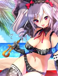 Rule 34 | 10s, 1girl, :d, bare shoulders, beach, bikini, black thighhighs, breasts, drill hair, elbow gloves, gloves, idolmaster, idolmaster cinderella girls, kanzaki ranko, large breasts, long hair, looking at viewer, mataro (matarou), navel, open mouth, outdoors, palm tree, purple eyes, purple hair, smile, solo, swimsuit, thigh gap, thighhighs, tree, tsurime, twin drills, twintails, umbrella, water
