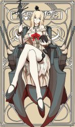 Rule 34 | 10s, 1girl, art nouveau, bad id, bad twitter id, bare shoulders, blonde hair, blue eyes, boushi-ya, braid, character name, crown, dress, french braid, garter straps, globus cruciger, hair between eyes, hairband, high heels, highres, kantai collection, long hair, machinery, mini crown, off shoulder, scepter, sitting, solo, thighhighs, throne, warspite (kancolle), white thighhighs