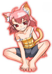 Rule 34 | 1girl, animal ears, bad id, bad pixiv id, barefoot, between toes, bike shorts, borrowed character, eroneko-san, feet, fingers between toes, flat chest, full body, grin, hands on feet, knees apart feet together, nakamura tetsuya, naughty face, original, pink hair, red eyes, sitting, smile, solo, strap slip, tail, toes