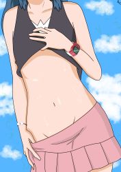 Rule 34 | 1girl, absurdres, bare shoulders, black shirt, blue hair, blue sky, bracelet, clothes lift, clothes pull, collarbone, creatures (company), dawn (pokemon), female focus, game freak, groin, hand on own chest, head out of frame, highres, jewelry, lifted by self, long hair, navel, nintendo, outdoors, pink skirt, pokemon, pokemon dppt, pulled by self, rin kanbara, shirt, shirt lift, skirt, skirt pull, sky, sleeveless, sleeveless shirt, solo, sweat, watch