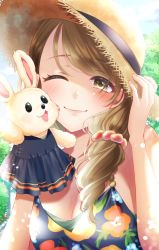 Rule 34 | 1girl, ayn (ayn kau), bare shoulders, blurry, blush, bokeh, breasts, cleavage, depth of field, hair ornament, hair scrunchie, hand puppet, hat, highres, holding, holding clothes, holding hat, idolmaster, idolmaster cinderella girls, looking at viewer, mochida arisa, one eye closed, outdoors, print shirt, puppet, rabbit puppet, scrunchie, shirt, side ponytail, sleeveless, sleeveless shirt, smile, solo, straw hat, sun hat, upper body