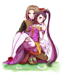 Rule 34 | 1boy, 1girl, :d, beifunan, black shirt, blue eyes, blush, bracelet, breasts, brown hair, brown vest, carrying, divine bustier (dq), dragon quest, dragon quest xi, elbow gloves, feathers, flower, gloves, hair flower, hair ornament, hair over one eye, hero (dq11), highres, jewelry, large breasts, long hair, martina (dq11), one eye closed, open mouth, parted bangs, princess carry, purple eyes, purple shirt, shirt, skirt, smile, squatting, thighhighs, very long hair, vest, white gloves, white thighhighs, yellow skirt