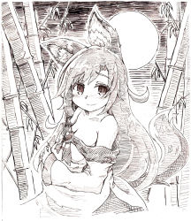 Rule 34 | 1girl, animal ear fluff, animal ears, bamboo, bamboo forest, bare shoulders, blush, breasts, brooch, cleavage, collarbone, dress, fingernails, forest, full moon, greyscale, highres, imaizumi kagerou, jewelry, kibisake, long hair, looking at viewer, monochrome, moon, nature, s katsuo, smile, solo, tail, touhou, wolf ears, wolf tail