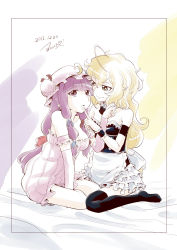 Rule 34 | 10s, 2013, 2girls, :o, adapted costume, ahoge, apron, bare shoulders, black legwear, blonde hair, bow, crescent, dated, detached collar, detached sleeves, hand on another&#039;s chin, hair bow, hat, highres, kirisame marisa, long hair, multiple girls, patchouli knowledge, purple eyes, purple hair, signature, sitting, smile, thighhighs, touhou, waist apron, wariza, wrist cuffs, yellow eyes, yoekosukii, yuri