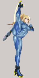Rule 34 | 1girl, ass, bad id, bad pixiv id, blonde hair, blue bodysuit, blue eyes, bodysuit, bracelet, breasts, cameltoe, cleft of venus, clenched hand, closed mouth, covered erect nipples, covered navel, expressionless, full body, grey background, gun, hand up, handgun, high heels, high ponytail, holding, holding gun, holding weapon, impossible bodysuit, impossible clothes, jewelry, leg up, long hair, long sleeves, looking at viewer, medium breasts, metroid, mikoyan, muscular, muscular female, nintendo, ponytail, samus aran, shiny clothes, simple background, skin tight, solo, spread legs, standing, standing on one leg, swept bangs, turtleneck, weapon, zero suit