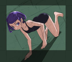 Rule 34 | 1girl, curly hair, dokidoki! precure, eyelashes, gradient background, green background, hair ornament, hairclip, kenzaki makoto, looking at viewer, one-piece swimsuit, precure, purple eyes, purple hair, rohitsuka, short hair, solo, swimsuit