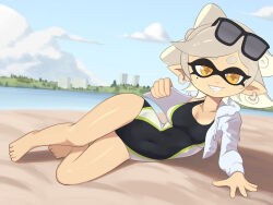 Rule 34 | + +, 1girl, alternate costume, bare legs, barefoot, barleyshake, beach, black one-piece swimsuit, blue sky, breasts, building, cephalopod eyes, city, cityscape, cloud, cloudy sky, collarbone, competition swimsuit, covered navel, cropped jacket, cross-shaped pupils, curvy, day, drawstring, earrings, eyewear on head, fangs, grey hair, grin, highres, hood, hooded jacket, inkling, jacket, jewelry, long sleeves, looking at viewer, lying, marie (splatoon), medium breasts, mole, mole under eye, narrow waist, nintendo, ocean, one-piece swimsuit, outdoors, pointy ears, print swimsuit, sand, sky, skyscraper, smile, solo, splatoon (series), splatoon 1, squid girl, sunglasses, sunglasses on head, swimsuit, symbol-shaped pupils, teeth, tentacle hair, tentacles, water, white jacket, wide hips, wide shot, yellow eyes