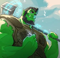 Rule 34 | 1boy, bara, beard, brexothoruk (orcanist), clenched hand, colored skin, facial hair, from below, full beard, gift art, green skin, hammer, highres, holding, holding hammer, large pectorals, looking at viewer, magic circle, male focus, mature male, monster boy, muscular, muscular male, neckwear grab, orc, original, over shoulder, pectorals, pointy ears, saltypoundcake, second-party source, short hair, sleeveless, smile, solo, thick beard, thick eyebrows, torn clothes, torn sleeves, tusks, upper body, weapon, weapon over shoulder