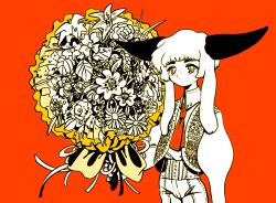 Rule 34 | 1boy, animal ears, bouquet, commentary request, cowboy shot, flower, goat boy, goat ears, goat horns, hand up, highres, holding, holding bouquet, horns, juliet sleeves, limited palette, long sleeves, looking at viewer, male focus, original, puffy sleeves, red background, shima (wansyon144), short hair, simple background, solo, vest, white hair