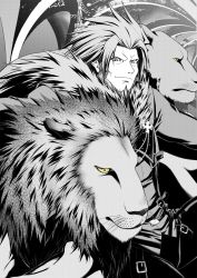 Rule 34 | 1boy, an&#039;no natsume, beard, blue eyes, facial hair, greyscale, guilty gear, guilty gear xrd, highres, jacket, leo whitefang, lion, male focus, monochrome, smile, solo, spiked hair, spot color, yellow eyes