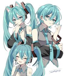 1girl alternate_hair_length alternate_hairstyle animal_ears aqua_eyes aqua_hair aqua_nails aqua_necktie arm_tattoo black_sleeves blush cat_ears cat_girl closed_eyes collared_shirt detached_sleeves ear_piercing earrings fang grey_shirt hair_between_eyes hatsune_miku headphones headset heart highres jewelry long_hair looking_at_viewer multiple_views naguno-0713 necktie number_tattoo open_mouth piercing shirt short_hair signature simple_background skin_fang sleeveless smile tattoo twintails very_long_hair vocaloid white_background