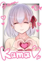 Rule 34 | 1girl, bow, closed eyes, commentary request, fate/grand order, fate (series), fufufu hehehe, hair between eyes, hair bow, hair ornament, heart, highres, kama (fate), long sleeves, looking at viewer, pink shirt, purple hair, shirt, simple background, smile, solo, spoken heart, sweater, upper body, yellow sweater