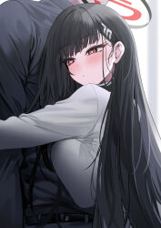 1boy 1girl :o absurdres belt black_hair black_shirt blue_archive blush breast_press breasts bright_pupils commentary halo hetero highres hug huge_breasts long_hair nervous_sweating out_of_frame red_eyes rio_(blue_archive) shirt solo_focus straight_hair sweat very_long_hair white_pupils white_shirt yuki_(asayuki101)