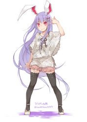 Rule 34 | 1girl, alternate costume, animal ears, black ribbon, black thighhighs, blush, contemporary, extra ears, full body, hair ornament, hairpin, highres, long hair, pointing, pointing at self, purple hair, rabbit ears, red eyes, reisen udongein inaba, ribbon, shoes, simple background, solo, standing, striped clothes, striped thighhighs, thighhighs, touhou, toutenkou, vertical-striped clothes, vertical-striped thighhighs, very long hair, white background, white footwear, zettai ryouiki
