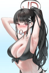 Rule 34 | 1girl, absurdres, bikini, black bikini, black hair, blue archive, blush, breasts, cleavage, educk, hair ornament, hairpin, halo, highres, large breasts, long hair, red eyes, rio (blue archive), solo, swimsuit, upper body