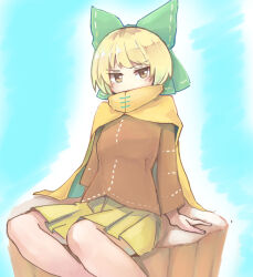 Rule 34 | 1girl, alternate color, alternate eye color, alternate hair length, alternate hairstyle, blonde hair, blue background, bow, brown shirt, commentary request, feet out of frame, ginnkei, green bow, hair bow, long sleeves, looking at viewer, medium bangs, pleated skirt, sekibanki, shirt, short hair, sitting, skirt, solo, touhou, v-shaped eyebrows, yellow cloak, yellow eyes, yellow skirt