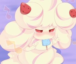 Rule 34 | absurdres, alcremie, ari (ariel lopez550), blush, colored sclera, creatures (company), food, fruit, game freak, gen 8 pokemon, green eyes, half-closed eyes, heart, heart-shaped pupils, highres, nintendo, no humans, pokemon, pokemon (creature), popsicle, purple background, red sclera, sexually suggestive, solo, strawberry, symbol-shaped pupils, tears