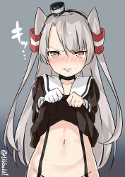 Rule 34 | 10s, 1girl, amatsukaze (kancolle), bad id, bad twitter id, blush, brown eyes, closed mouth, clothes lift, collarbone, cowboy shot, dress, dress lift, ebifurya, eyebrows, gloves, gradient background, grey background, groin, hair between eyes, hair tubes, highres, inactive account, kantai collection, lifting own clothes, long hair, long sleeves, looking at viewer, navel, no panties, nose blush, out-of-frame censoring, sailor dress, silver hair, single glove, solo, stomach, tears, twitter username, two-tone background, two side up, white gloves