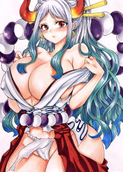 Rule 34 | 1girl, alternate breast size, aqua hair, blush, breasts, cameltoe, cleavage, closed mouth, covered erect nipples, cowboy shot, curled horns, earrings, fundoshi, groin, hair ornament, hair stick, hands up, highres, horns, huge breasts, japanese clothes, jewelry, kimono, long hair, looking at viewer, marker (medium), multicolored hair, multicolored horns, off shoulder, one piece, oni, raised eyebrow, red eyes, red horns, rope, shimenawa, sidelocks, simple background, sleeveless, sleeveless kimono, solo, stomach, traditional media, two-tone hair, twobee, undressing, very long hair, white background, white hair, yamato (one piece), yellow horns