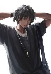 Rule 34 | 1boy, absurdres, adjusting hair, arknights, arms behind head, ayerlight, bag, black bag, black hair, black shirt, bright pupils, casual, commentary, dark-skinned male, dark skin, earrings, english commentary, gloves, hair tie, hair tie in mouth, hands up, highres, jewelry, looking at viewer, male focus, mouth hold, necklace, parted lips, shirt, short sleeves, shoulder bag, shoulder strap, simple background, solo, thorns (arknights), white background, white gloves, white pupils, yellow eyes