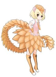 Rule 34 | 10s, 1girl, animal ears, black eyes, blonde hair, boots, cross-laced footwear, extra ears, full body, giant pangolin (kemono friends), hat, ise (0425), kemono friends, knee boots, long tail, looking at viewer, necktie, pink vest, scales, shirt, short hair, short sleeves, simple background, solo, tail, vest, white background, white shirt, wrist guards