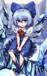 Rule 34 | 1girl, absurdres, blue bow, blue dress, blue eyes, blue footwear, blue hair, bow, bowtie, chinese commentary, cirno, collared shirt, commentary request, detached wings, dress, full body, hair bow, hair intakes, highres, ice, ice wings, looking at viewer, red bow, red bowtie, shirt, short hair, short sleeves, sitting, solo, top-exerou, touhou, white shirt, wings