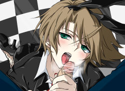 Rule 34 | 10s, 2boys, animal ears, blush, brown hair, cardfight!! vanguard, drooling, erection, fellatio, green eyes, handjob, kai toshiki, licking, looking at viewer, male focus, multiple boys, oral, penis, pov, saliva, steam, sweat, tongue, tongue out, yaoi